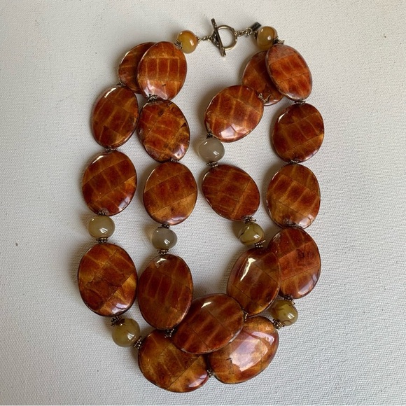 Paige Wallace 2 Strand Statement Necklace Chunky Agate Gemstone Tortoiseshell - Picture 3 of 13